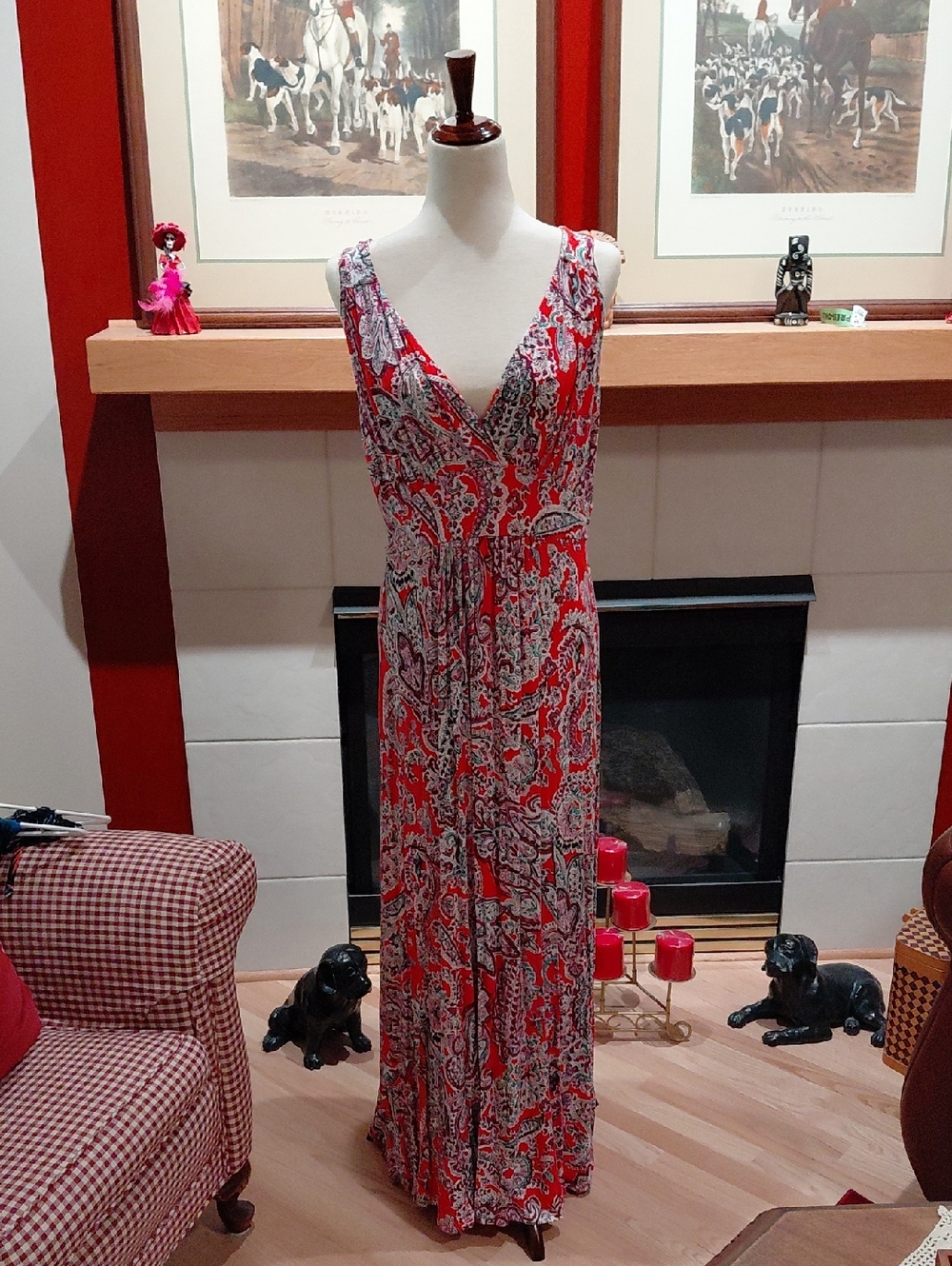 Loveappella Red Paisley V-Neck Banded Waist Maxi Dress Sz L